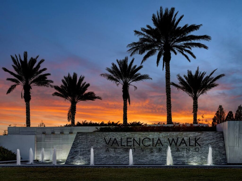 Entrance to Valencia Walk at Riverland. Sunset, Christmas time. Port St. Lucie, Florida, USA